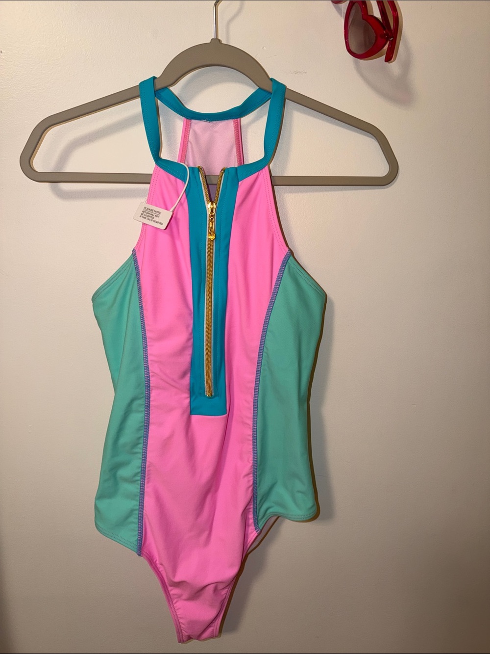 Women’s  Colorblock Front-Zip One-Piece Swimsuit - Pink & Teal Gold Zipper NWOT